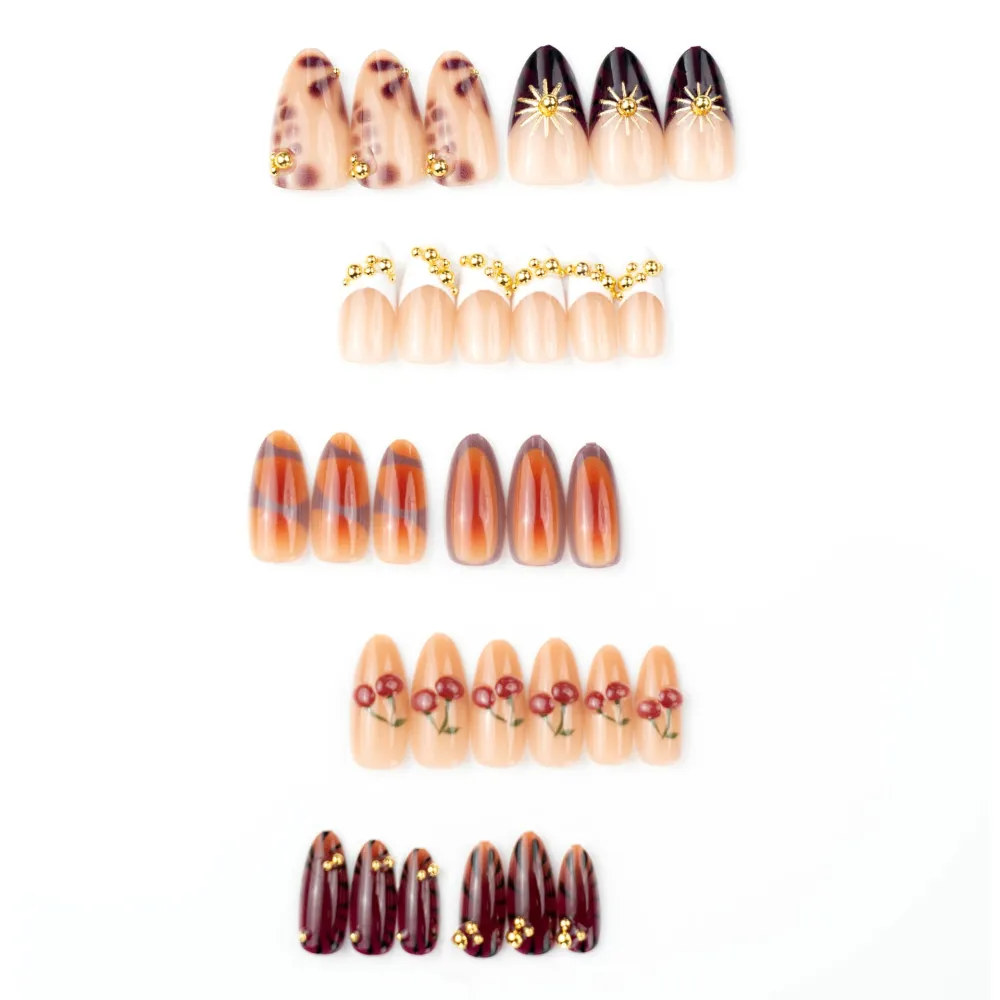Nailhour 30Pcs Gilded 3D Cherry Medium Almond French Press On Nails