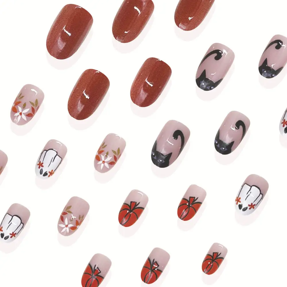 Nailhour 24Pcs Halloween Short Oval Cat & Floral Press On Nails