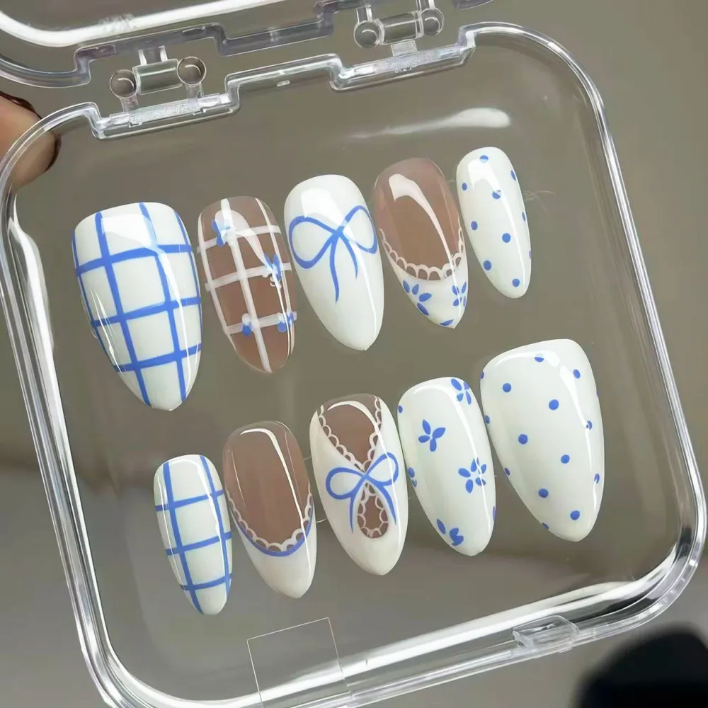Nailhour 30Pcs Blue And White Medium Almond French Press On Nails