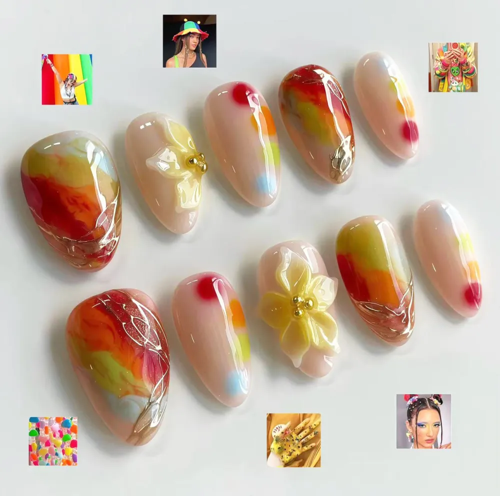 Nailhour 30Pcs 3D Gilded Floral Medium Almond Press On Nails