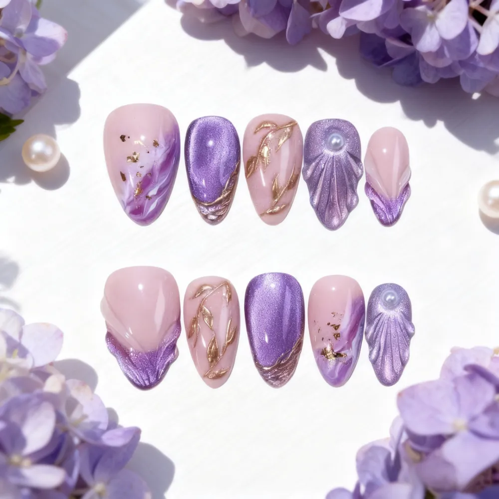Nailhour 30Pcs Date Cat Eye Purple Pearl Almond Press On Nails