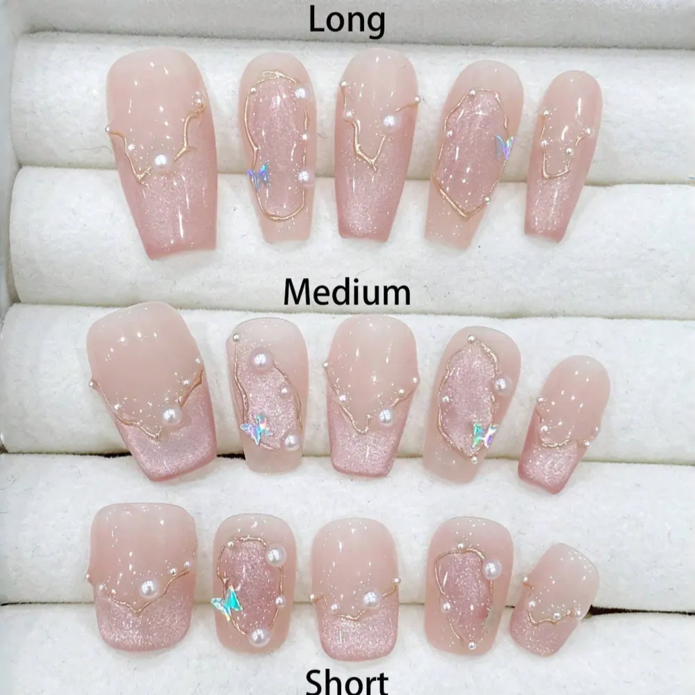 Nailhour 10Pcs Gilded French Glitter Pink Coffin Press On Nails