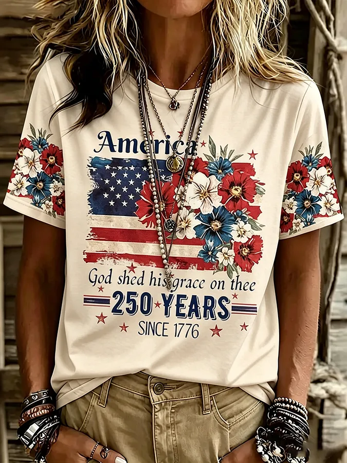 Women's Vintage USA Flag Print T-Shirt