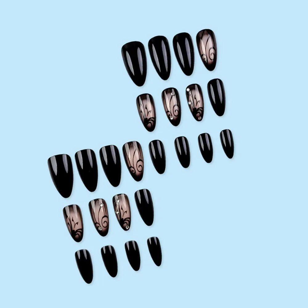 Nailhour 24Pcs French Black Rhinestone Short Almond Press On Nails