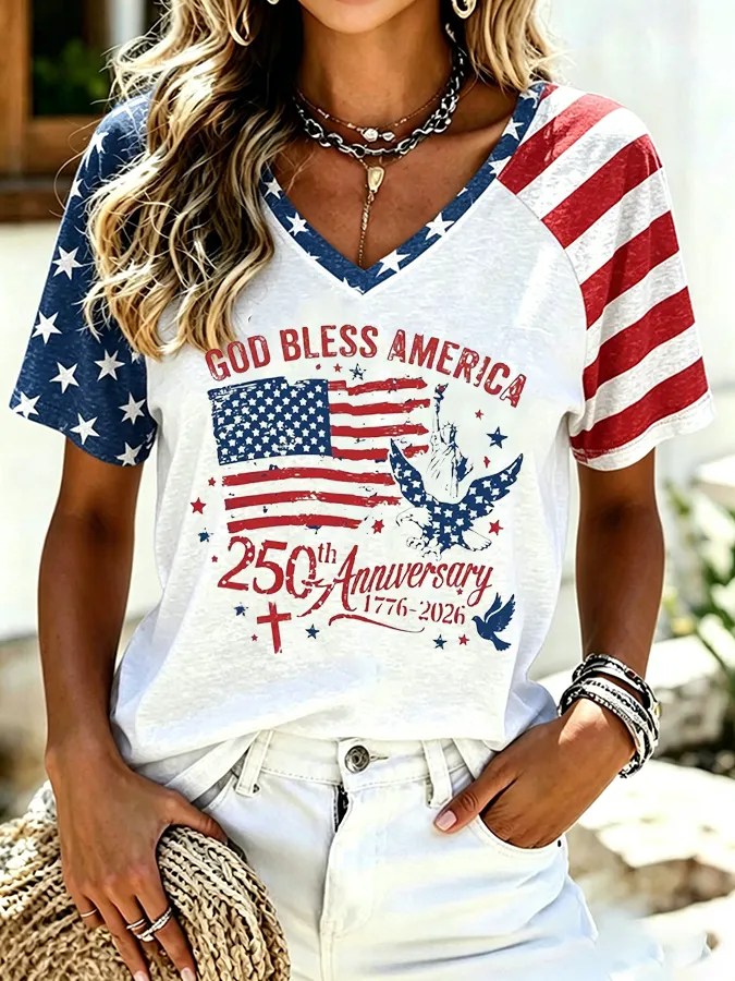Women'S Retro Independence Day Printed Casual Short Sleeved T-Shirt