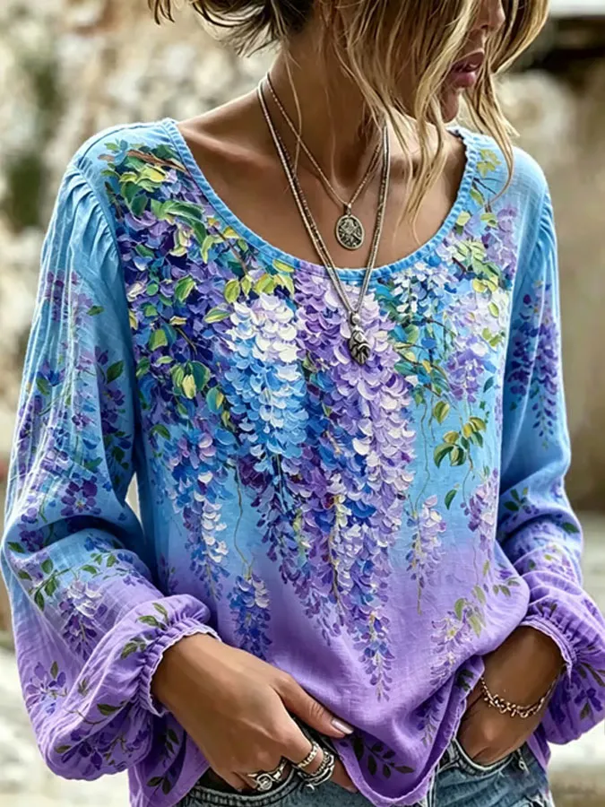 Women'S Purple Floral Printed Casual Cotton And Linen Top