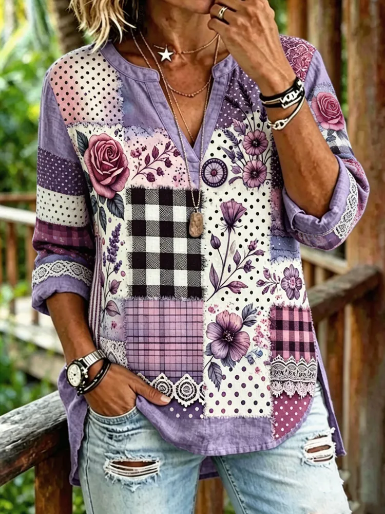 Women'S Casual Floral Embroidered V-Neck Top
