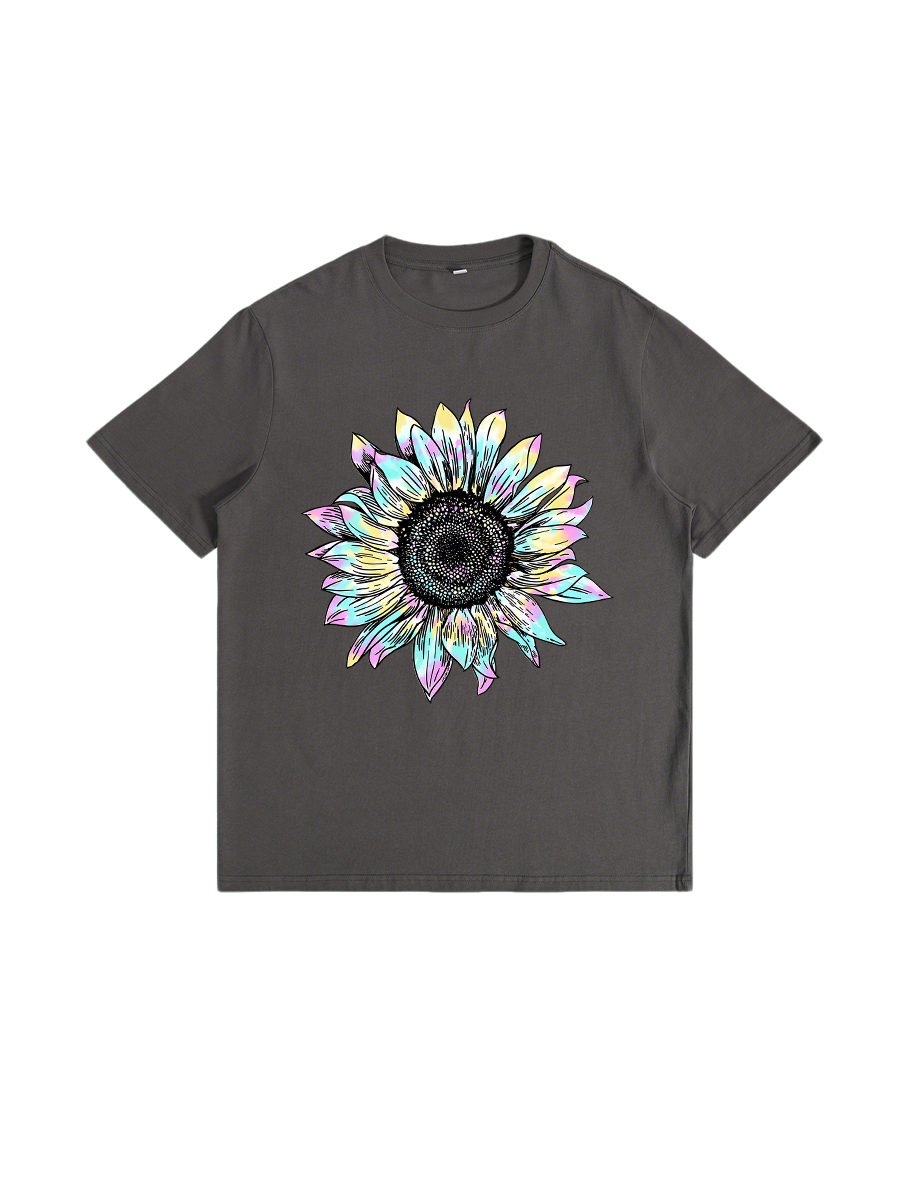 Cyan, Magenta And Yellow Sunflower Design On Premium T-Shirt