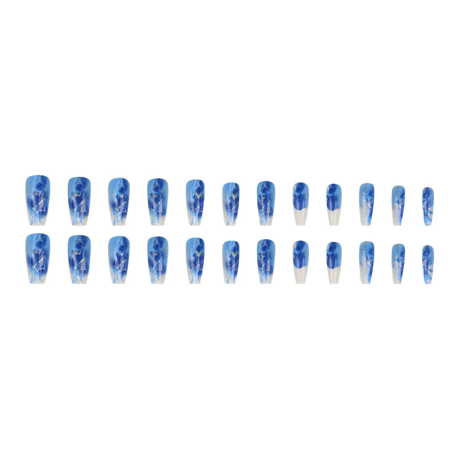 Nailhour Hot Girl Glitter Heart Nail Art 24Pcs Blue Press On Nails