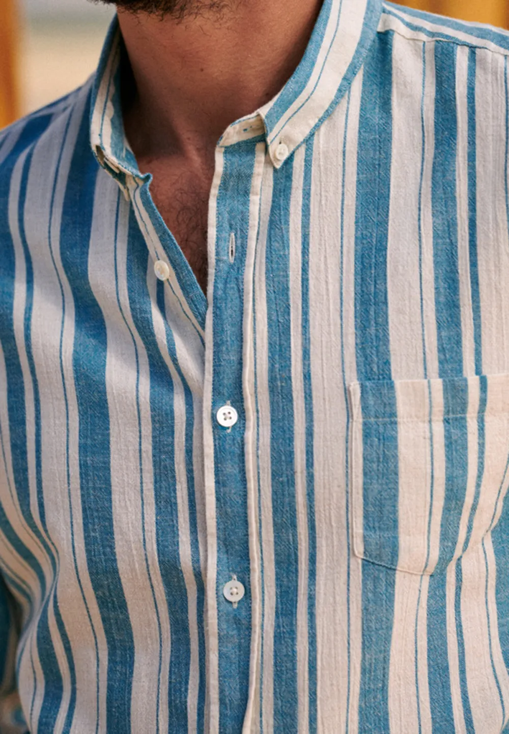 Cotton Linen  Shirt-Ecru Turquoise Stripes