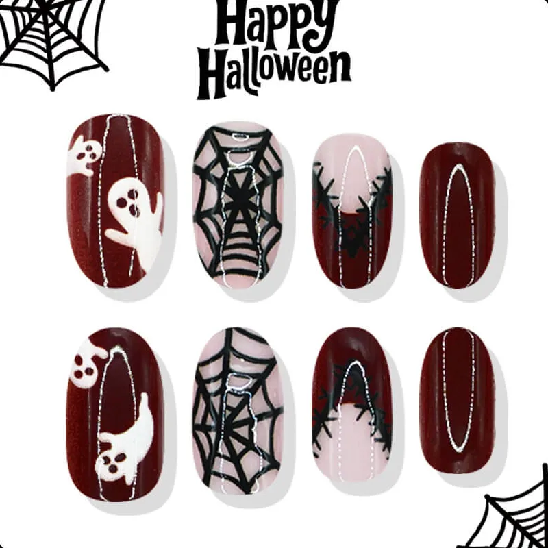 Nailhour 24Pcs Halloween French Short Oval Bloody Ghost Press On Nails