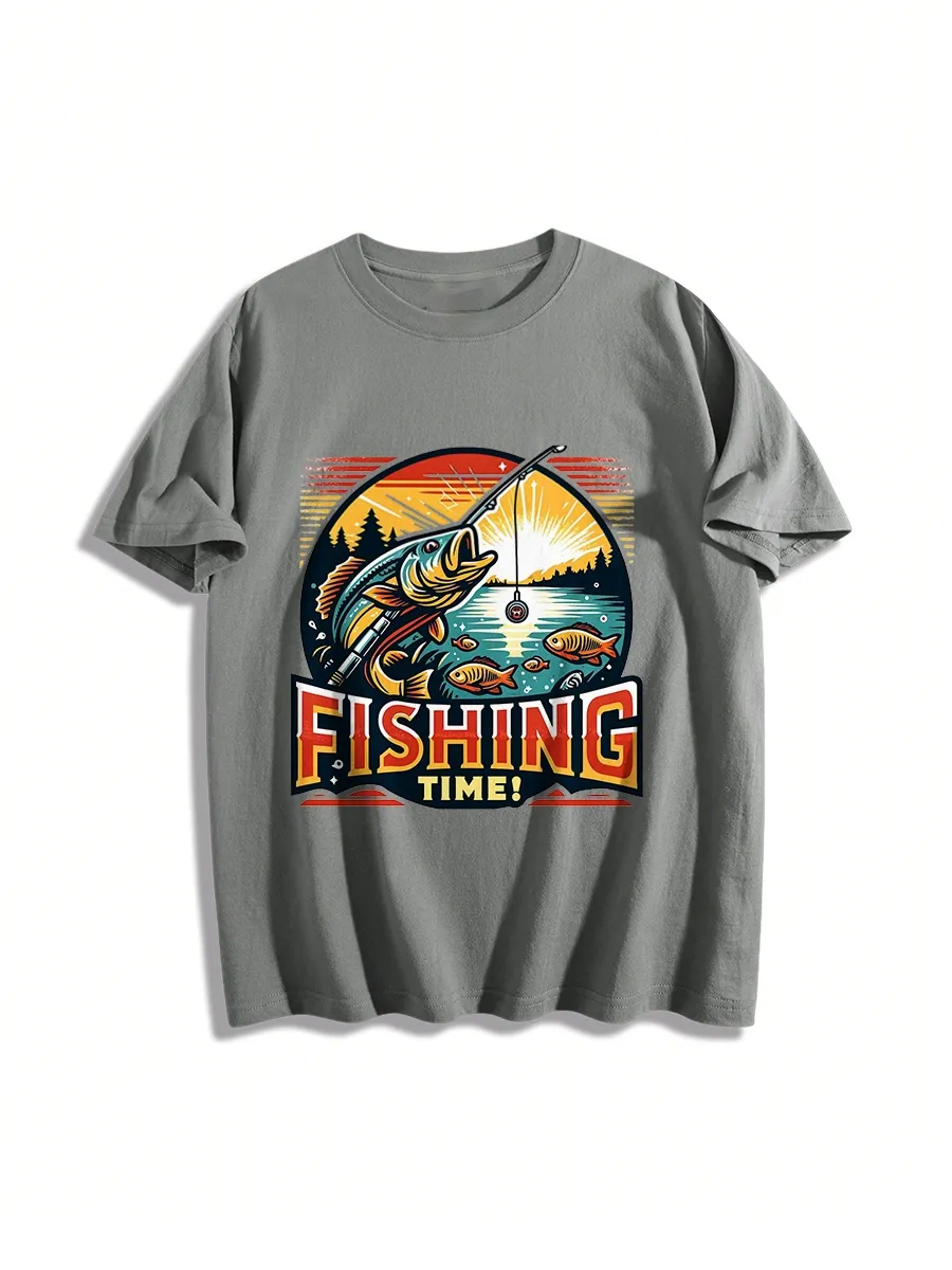 Colorful Fishing Scene Graphic T-Shirt