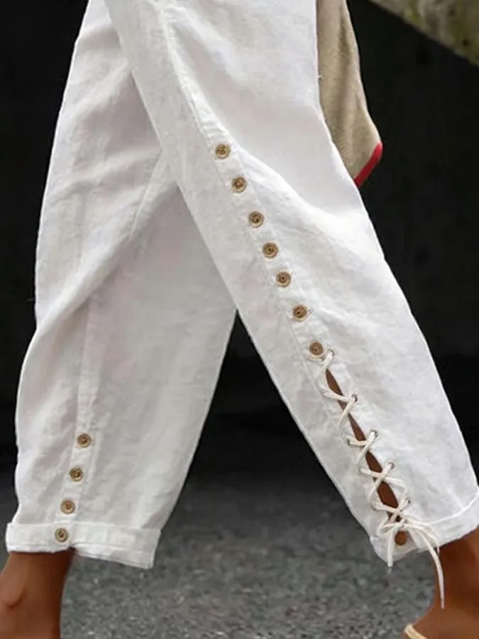 Women's Casual Solid Color Button Tie Waist Cotton Linen Pants