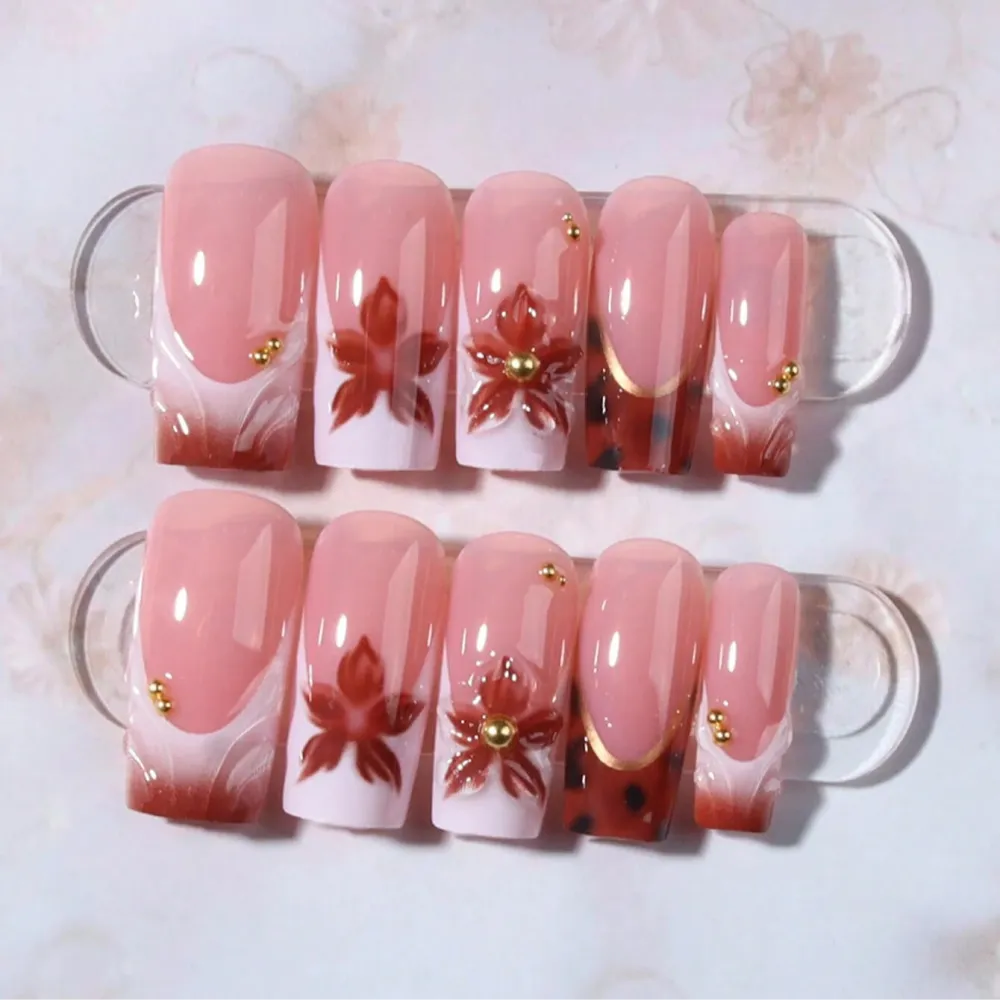 Nailhour 24Pcs French Brown 3D Medium Square Press On Nails