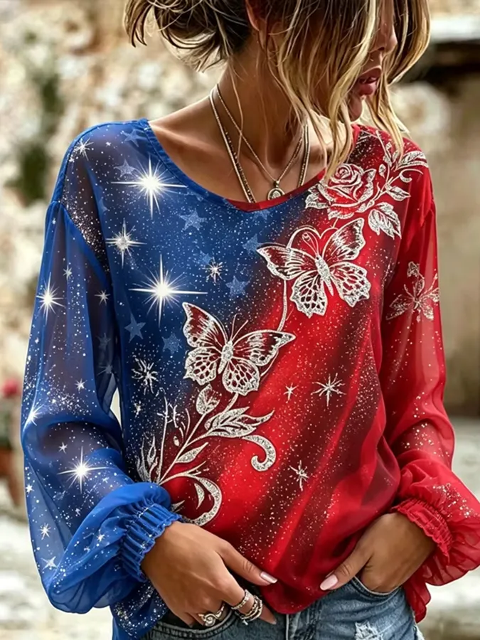 Women'S America Flag Printed Casual Cotton And Linen Top