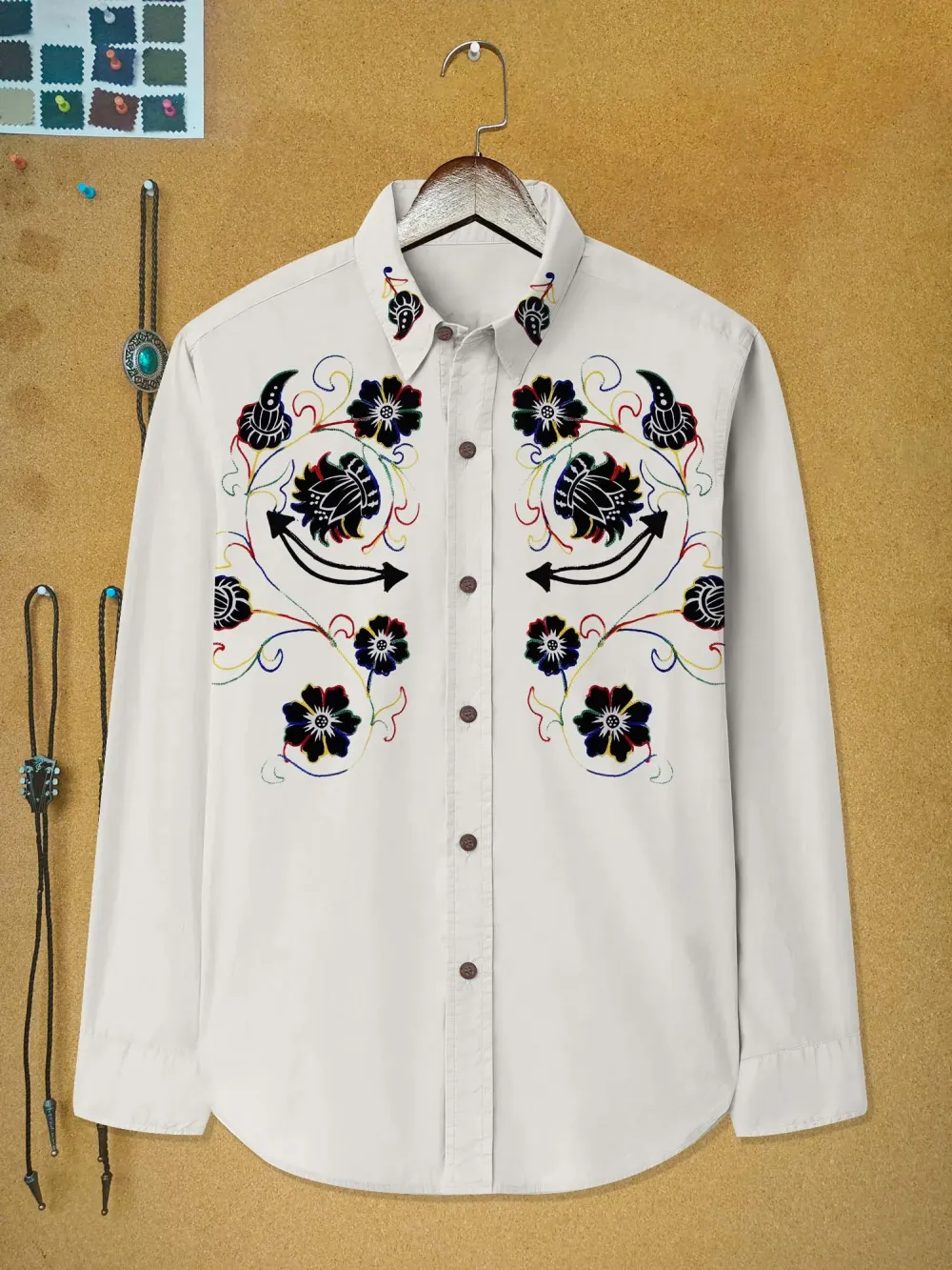 Western Vintage Flower Printed Hawaiian Shirt For Men Button-Down Shirt Long Sleeve 100% Cotton Shirt