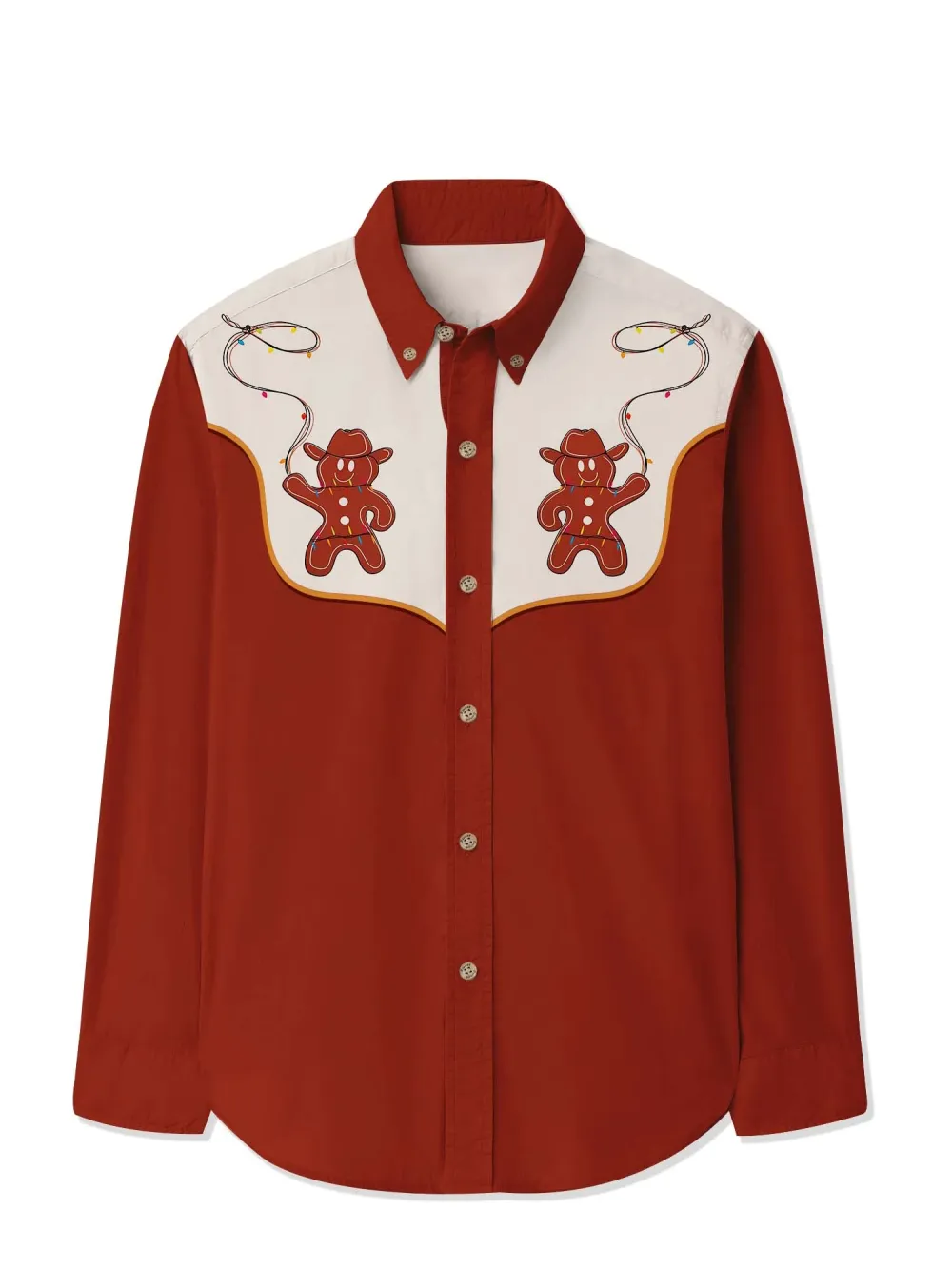Christmas Gingerbread Man Cowboy Printed Hawaiian Shirt For Men Button-Down Shirt Long Sleeve 100% Cotton Shirt