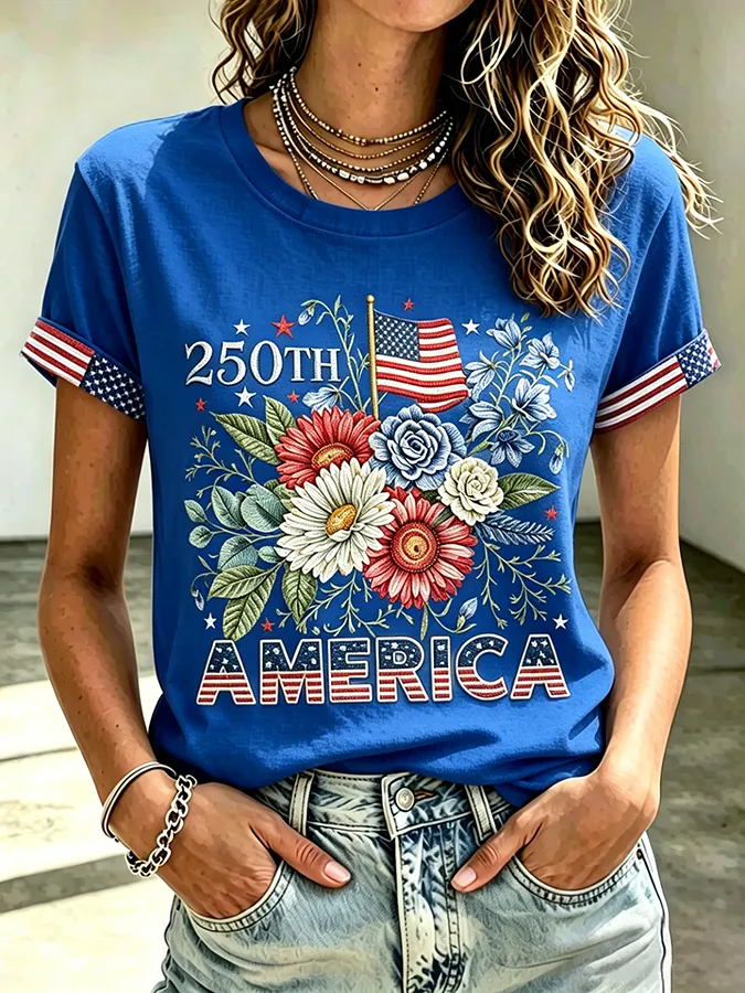 Ladies' Casual American 250Th Anniversary Flower Embroidered Round Neck Short Sleeved T-Shirt