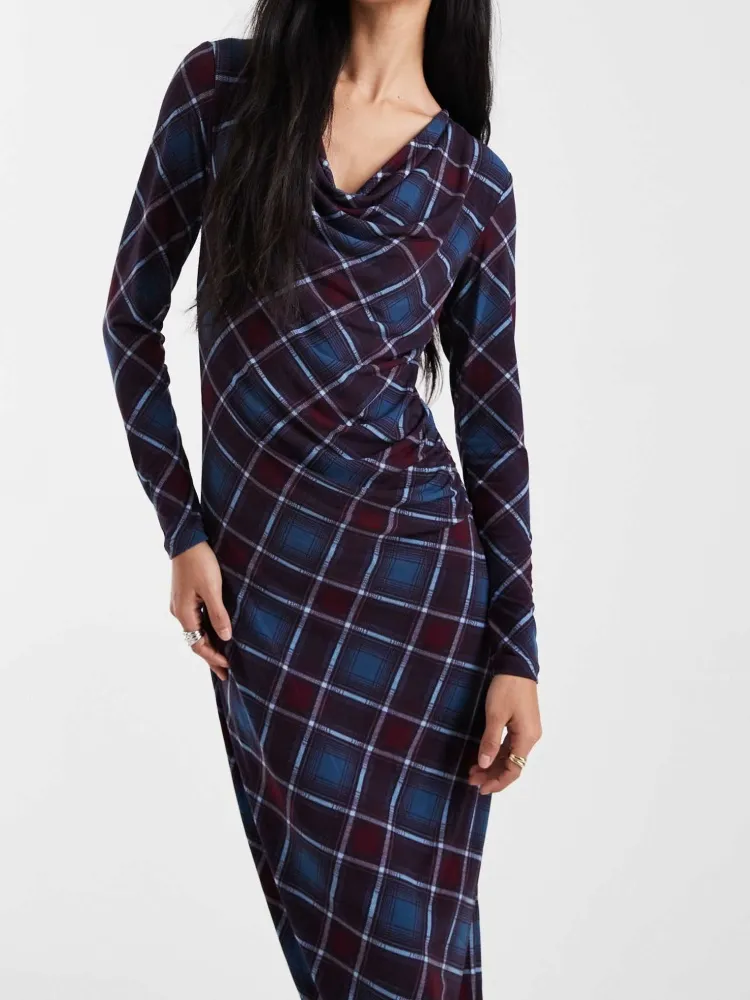 Plaid Cowl Neck Long Sleeve Dress