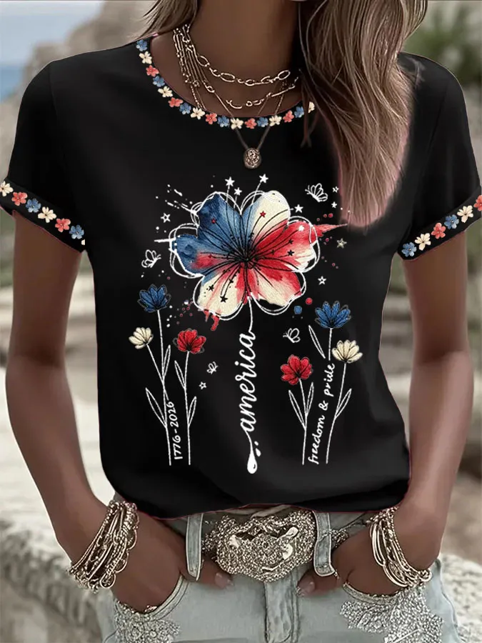 Women'S  America Flag Printed Casual T-Shirt