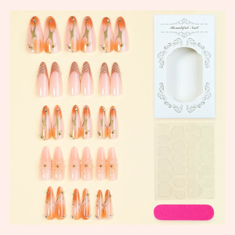 Nailhour 30Pcs Nude Gilded French Medium Almond Press On Nails