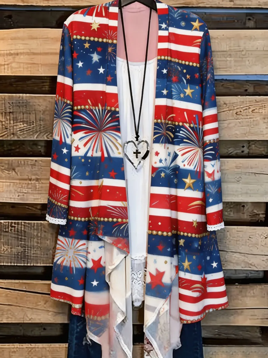 Fireworks Celebration Stars and Stripes Print Women's Casual Cardigan