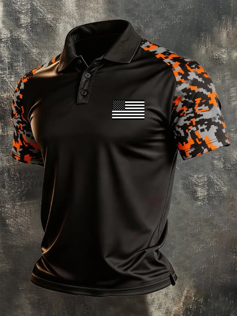 Men'S Retro Patriotic Color-Block Short-Sleeve Polo Shirt