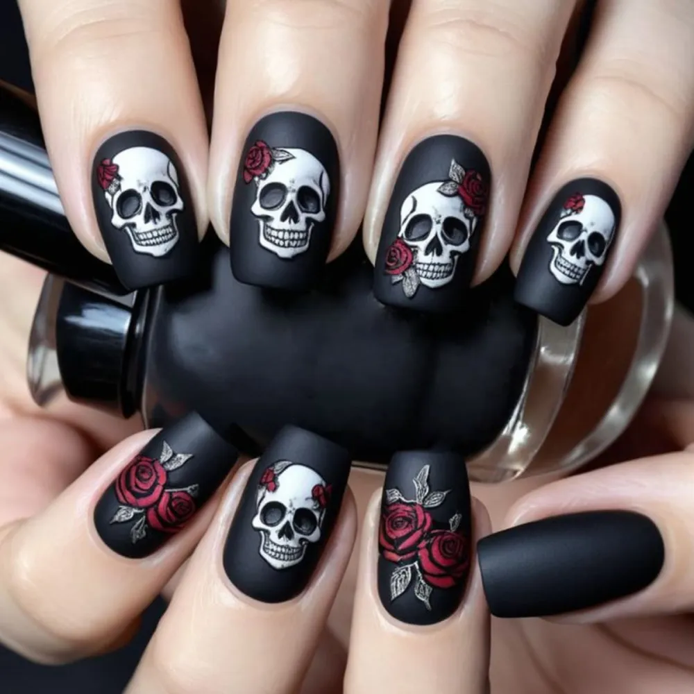 Nailhour 24Pcs Black Matte Skeleton Halloween Short Squoval Press On Nails