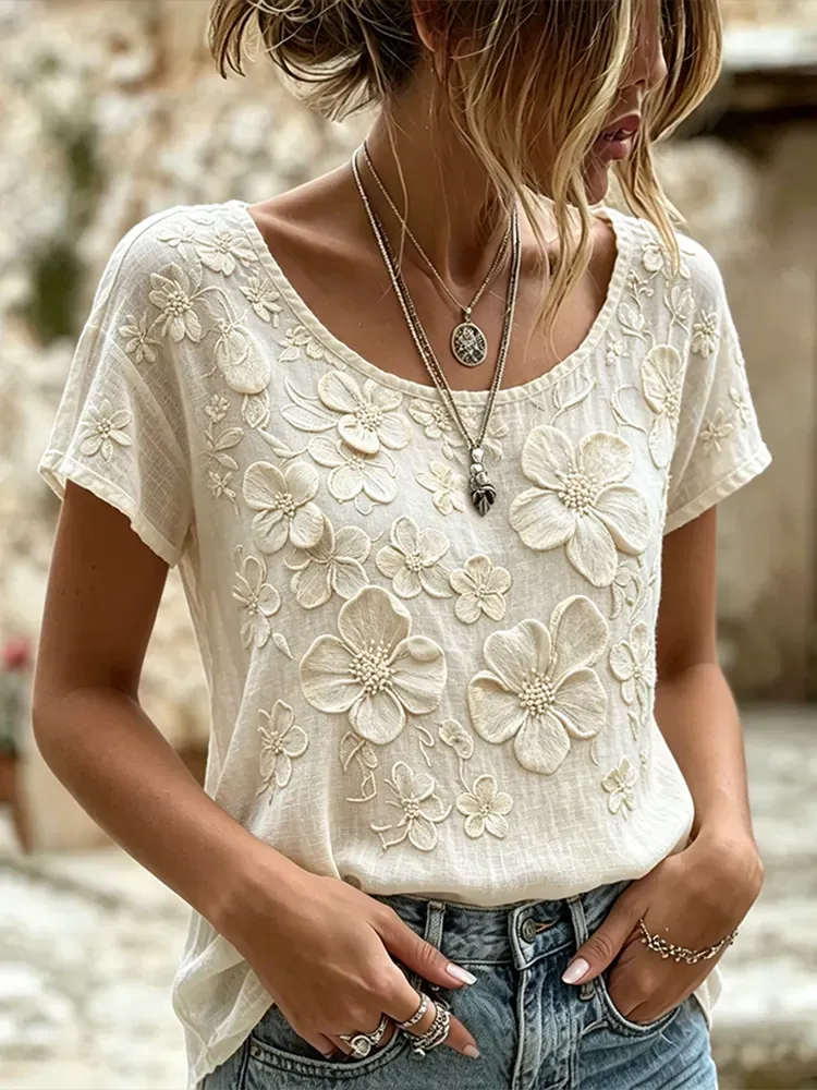 Women's casual printed cotton and linen round neck top