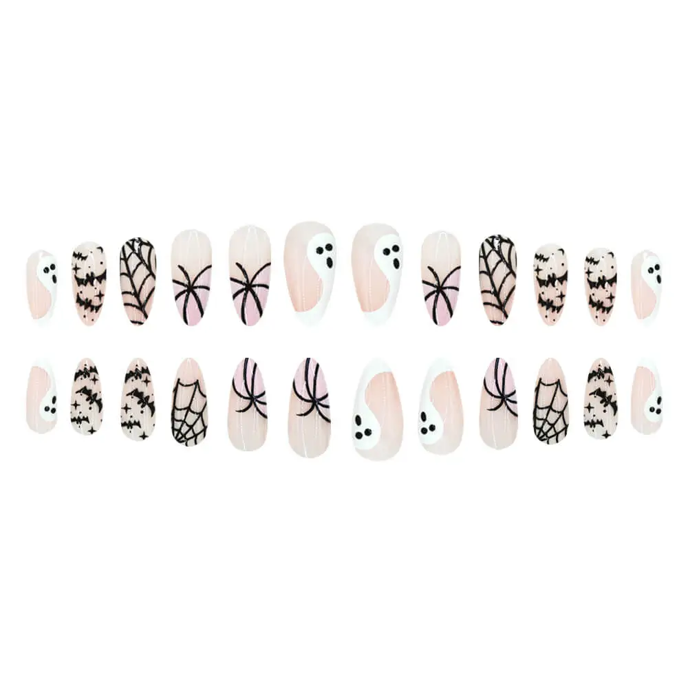 Nailhour 24Pcs Halloween Medium Almond Pink Ghost Press On Nails