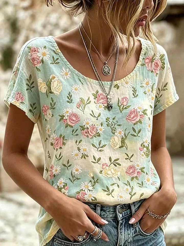 Floral Pattern Design Women's Casual Linen Short-sleeve T-shirt