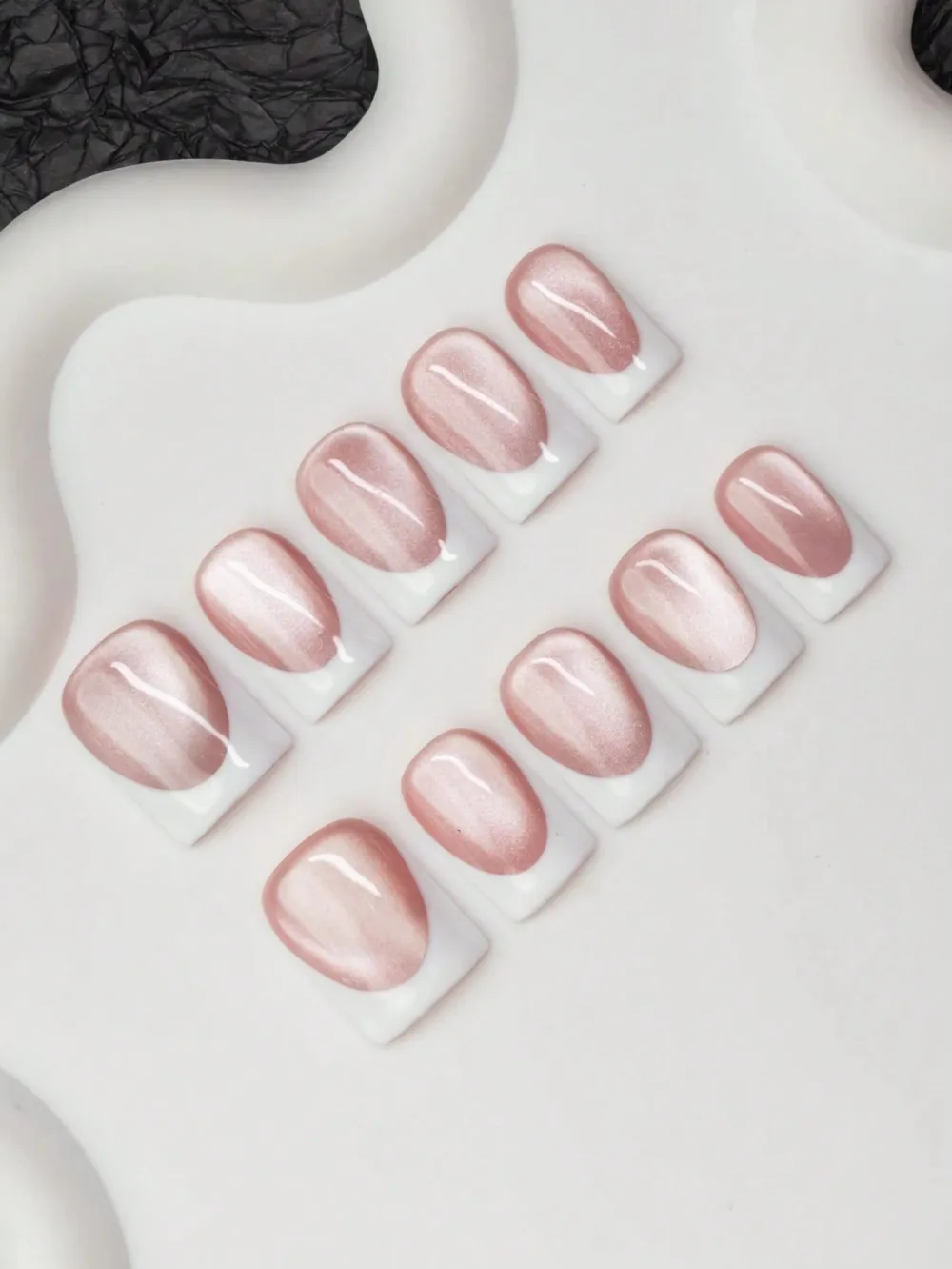Nailhour Handmade 10pcs French Cat Eye Pink Press On Nails