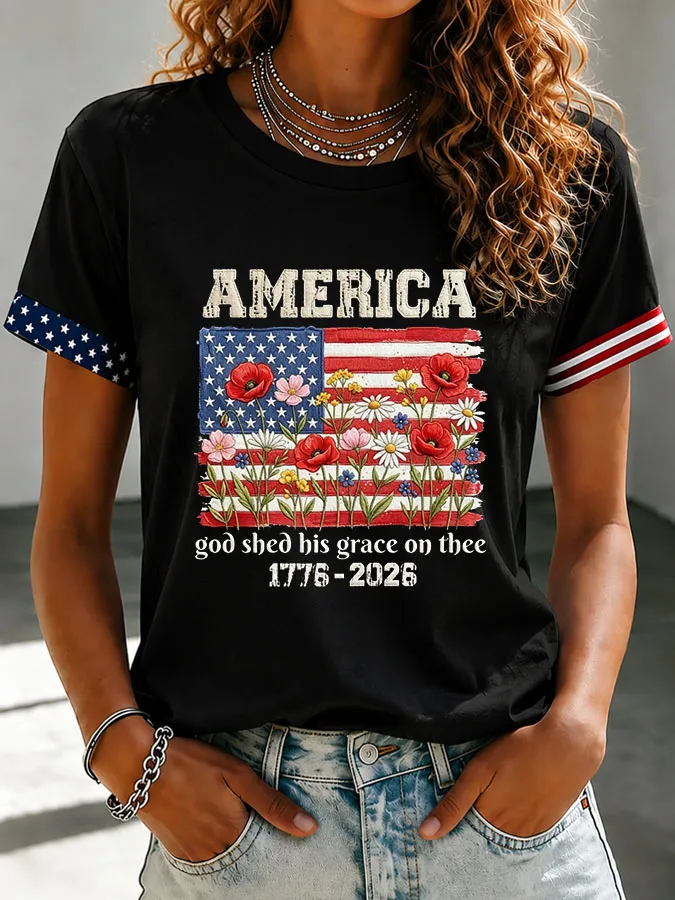 Women's Floral American Flag Printed Casual T-shirt