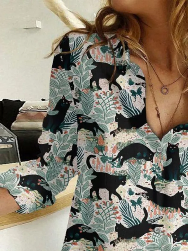 Casual Black Cat Floral Shirt