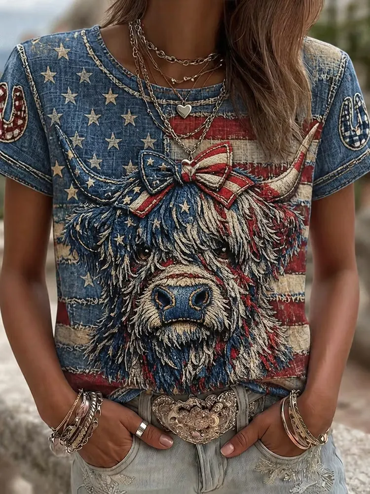 Ladies' Leisure America 250Th Anniversary Commemorative Beef Consumption Personalized Printed Round Neck T-Shirt