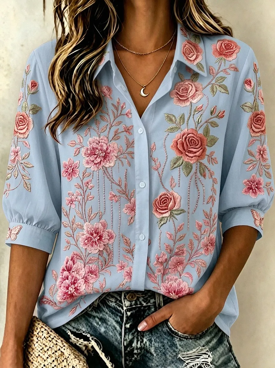 Women's Breast Cancer Awareness Pink Rose Floral Embroidered Printed Shirt