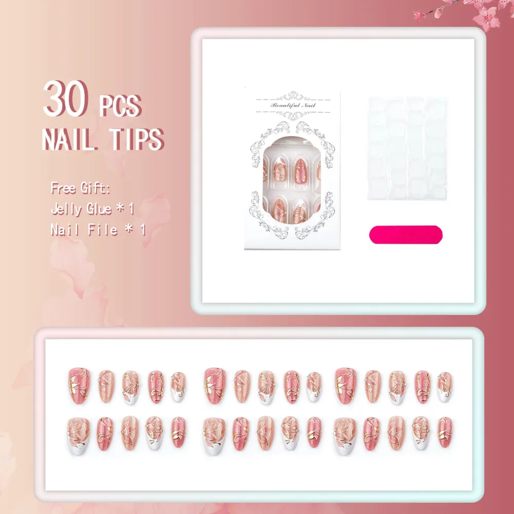 Nailhour 30Pcs Floral Rhinestone Medium Almond French Cat Eye Press On Nails