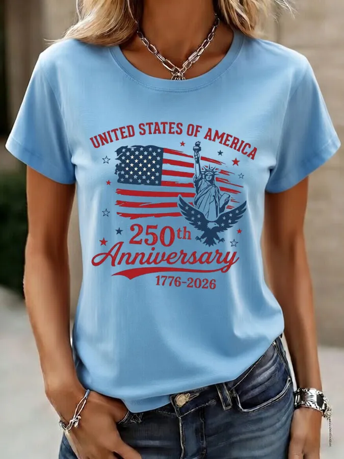 Women'S American Independence Day 250Th Anniversary Printed Round Neck Short Sleeve T-Shirt