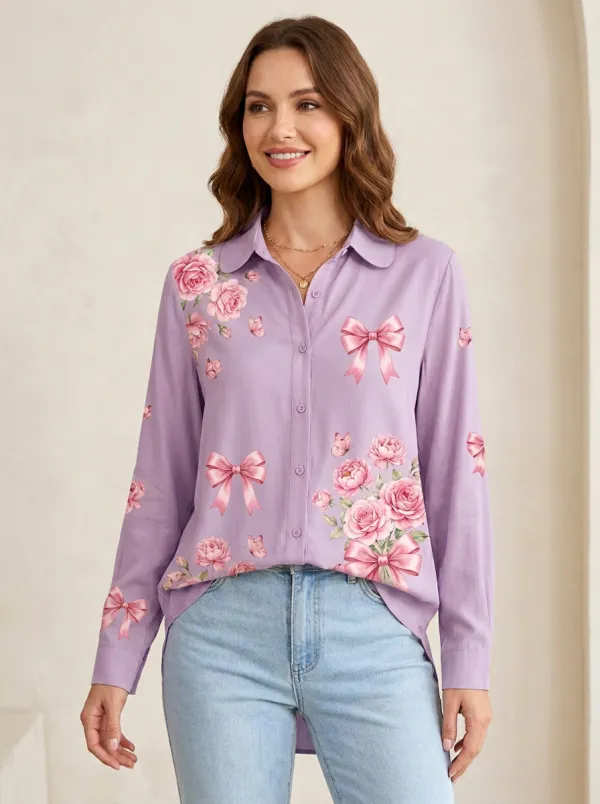 Women's Breast Cancer Awareness Rose Bow Butterfly Printed Shirt