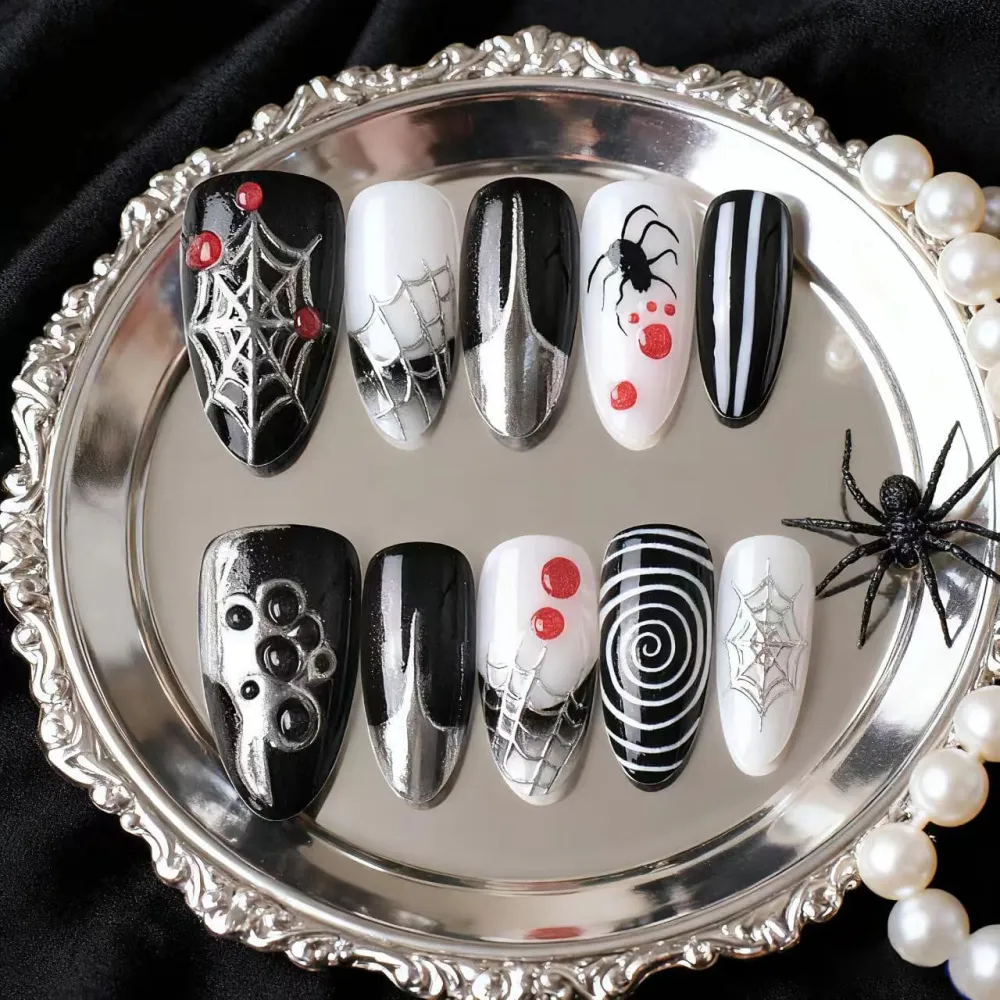 Nailhour 30Pcs Spider Halloween Gilded Black 3D Medium Almond Press On Nails