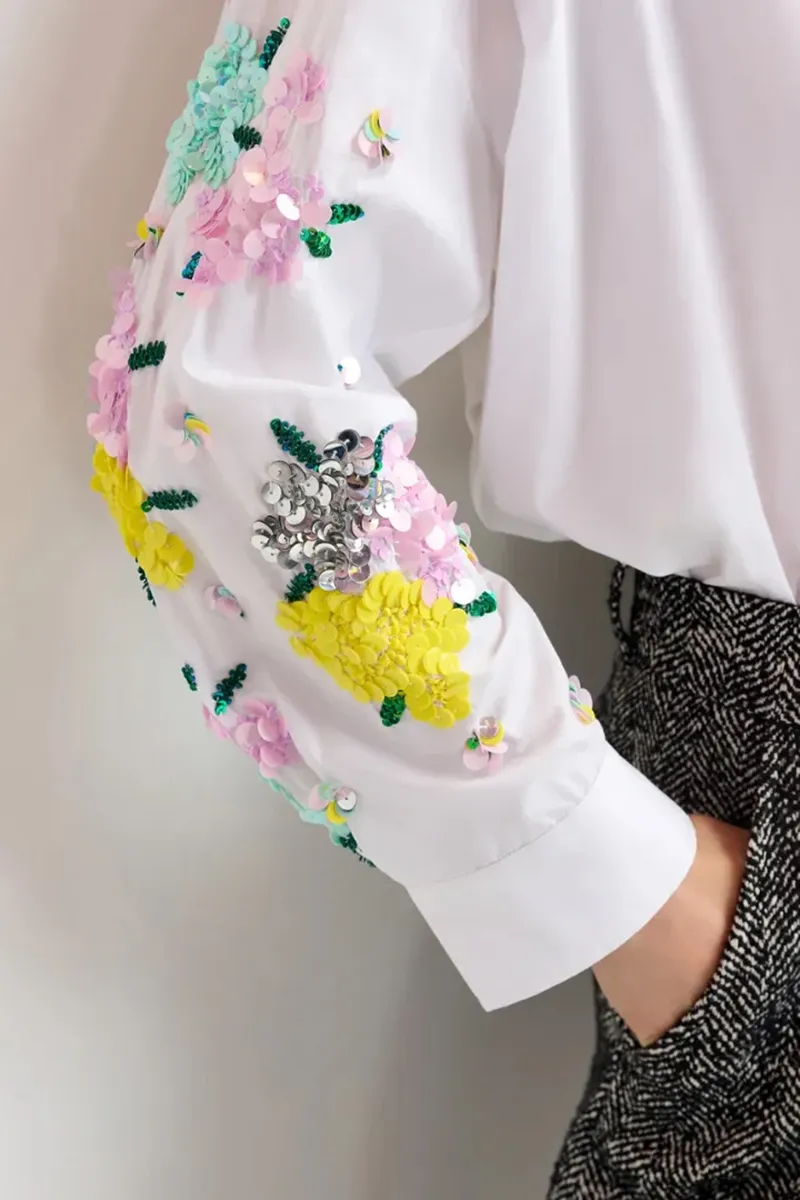 Floral Embroidered Pocketed White Shirts