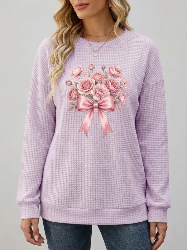 Women's Breast Cancer Awareness Pink Ribbon Floral Bouquet Printed Waffle Sweatshirt