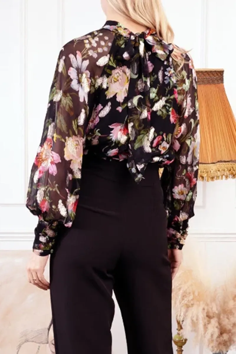 Floral Printed Sheer Deep V Neck Shirts