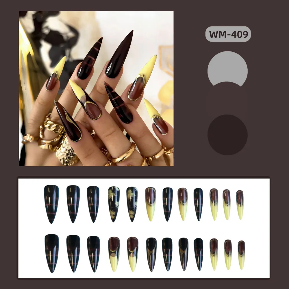 Nailhour 24Pcs Autumn French Long Stiletto Press On Nails
