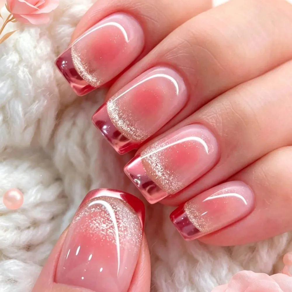 Nailhour 24Pcs French Medium Square Gradient Blush Pink Press On Nails