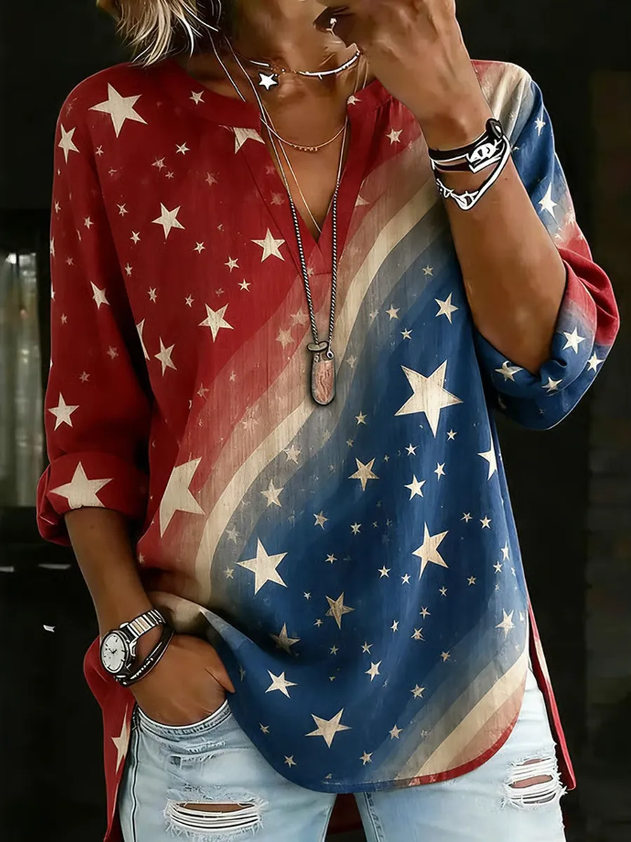 Women's Retro-Art American Flag Crewneck Top with V-Notch