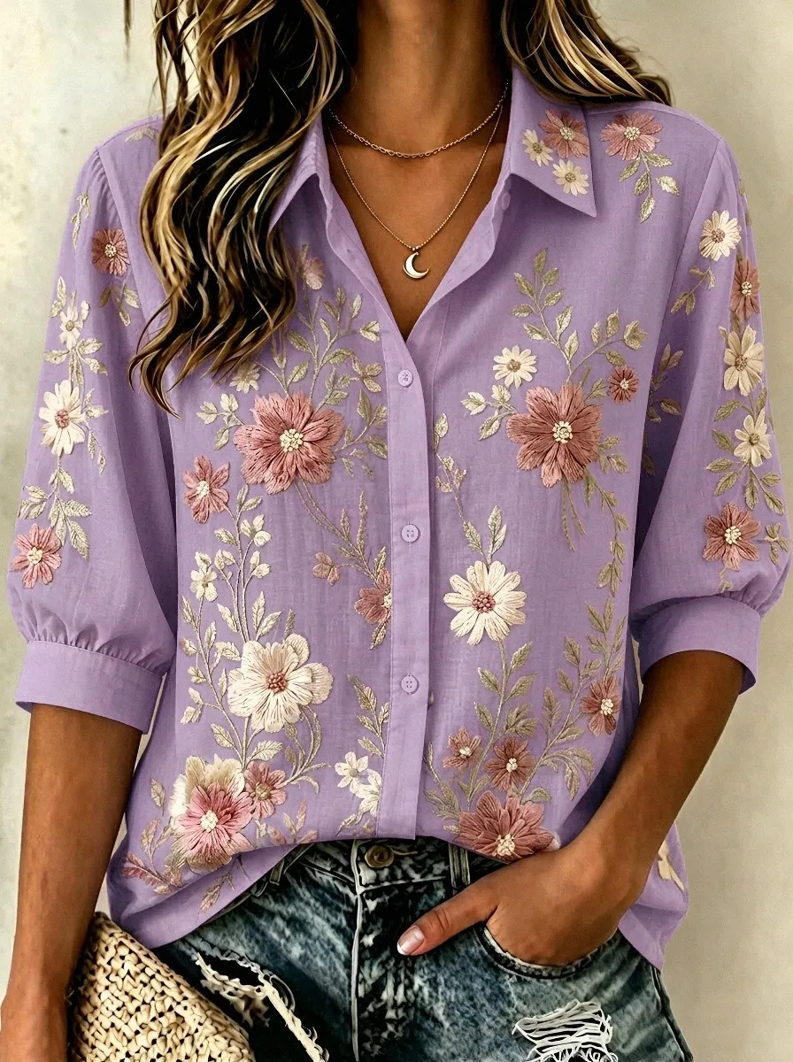 Women's Breast Cancer Awareness Pink Floral Embroidered Button-Down Shirt