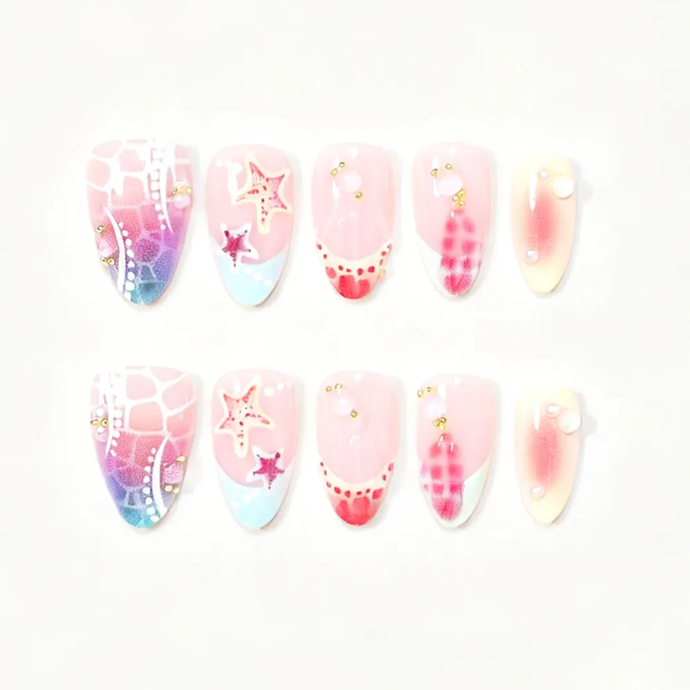Nailhour 24Pcs 3D Resin Jellyfish Pearl Summer Ocean Press On Nails