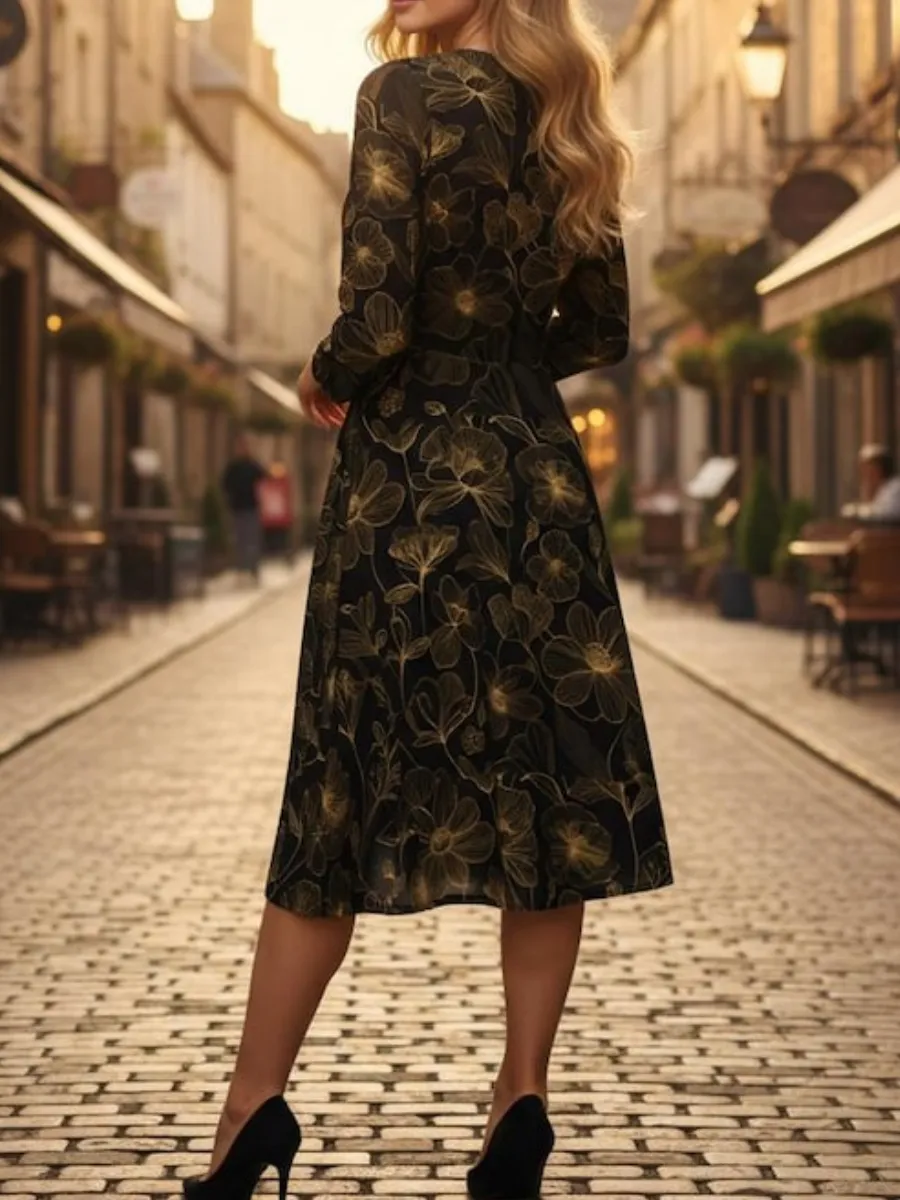 Elegant Gold Floral Print Dress