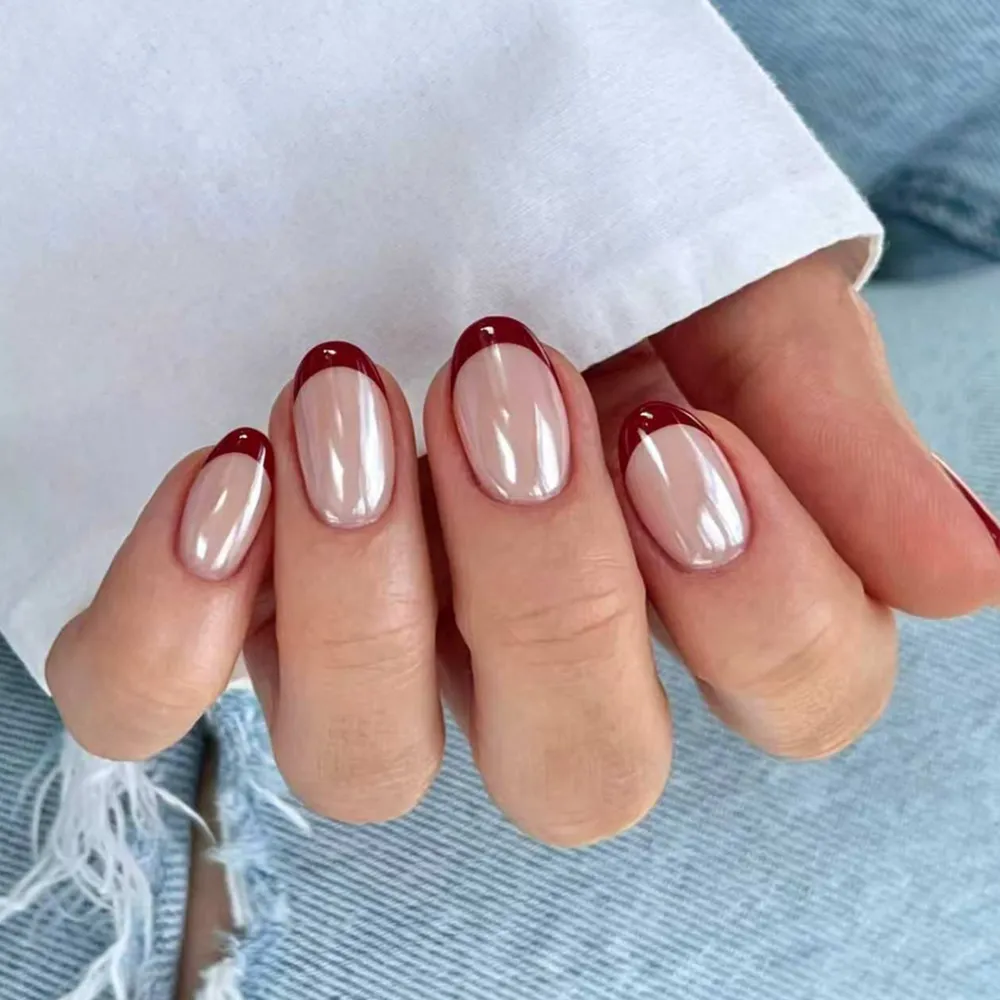 Nailhour 24Pcs Red Pearl Chrome Short Oval Press On Nails